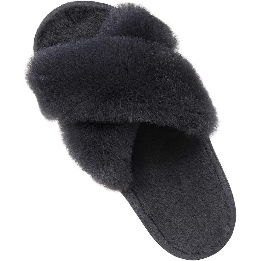 image:imageComwarm Womens Cross Band Fuzzy Slippers Fluffy Open Toe House Slippers Cozy Plush Bedroom Shoes Indoor OutdoorDark Grey
