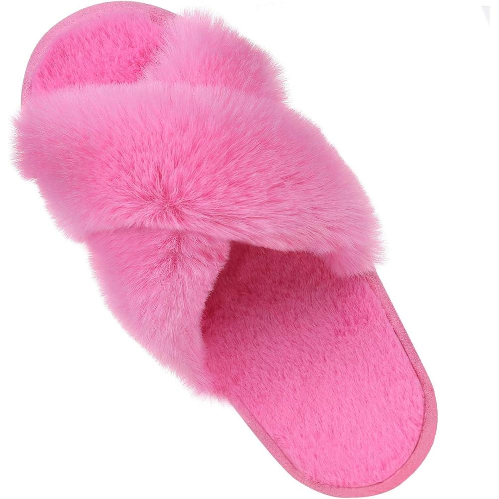 image:imageComwarm Womens Cross Band Fuzzy Slippers Fluffy Open Toe House Slippers Cozy Plush Bedroom Shoes Indoor OutdoorHot Pink