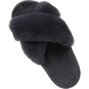 Comwarm Women’s Cross Band Fuzzy Slippers Fluffy Open Toe House Slippers Cozy Plush Bedroom Shoes Indoor Outdoor(Dark Grey)