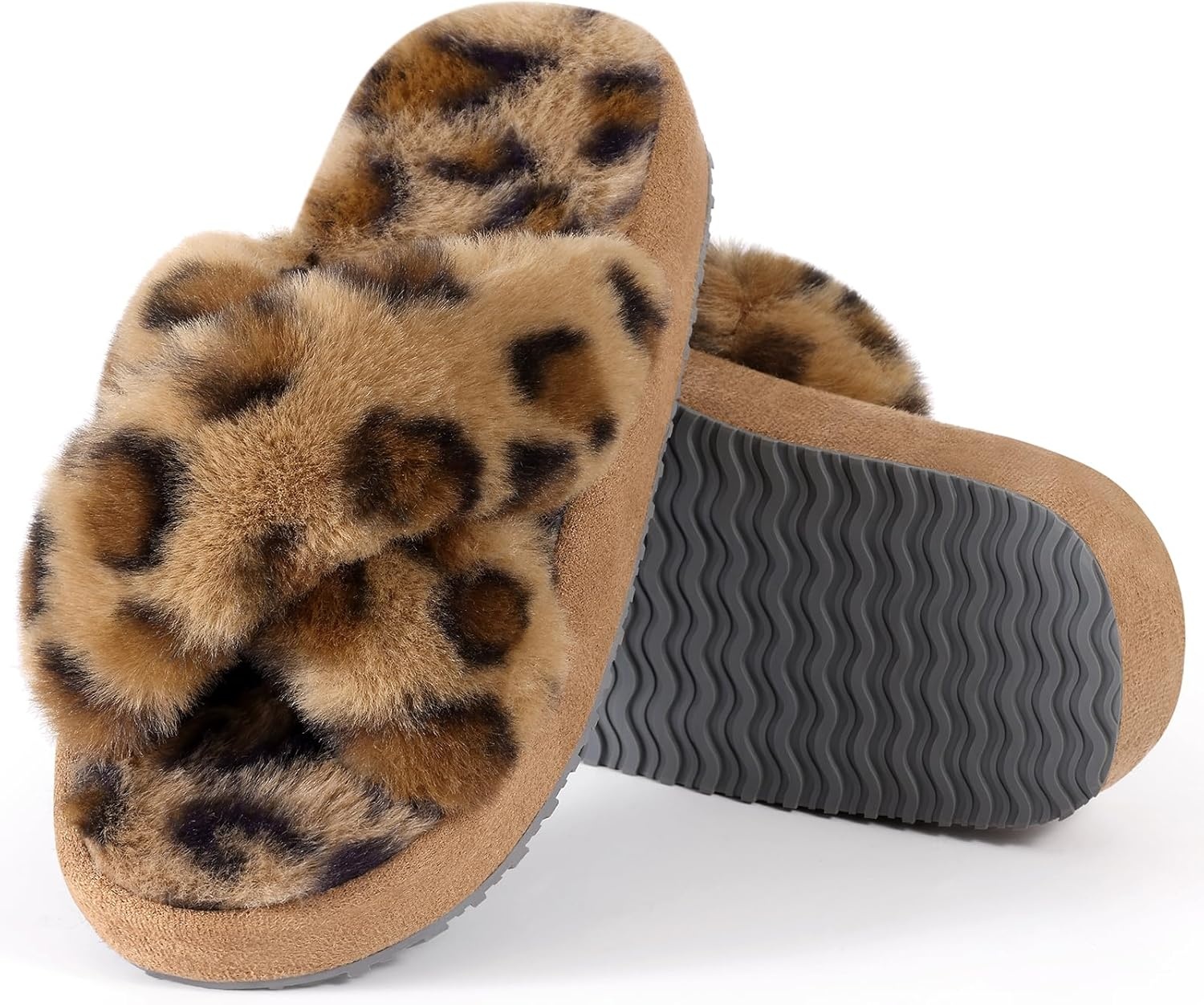 image:imageGirls Soft Plush Lightweight House Slippers Non Slip Cross Band Slip on Open Toe Cozy Indoor Outdoor SlippersLeopard Brown