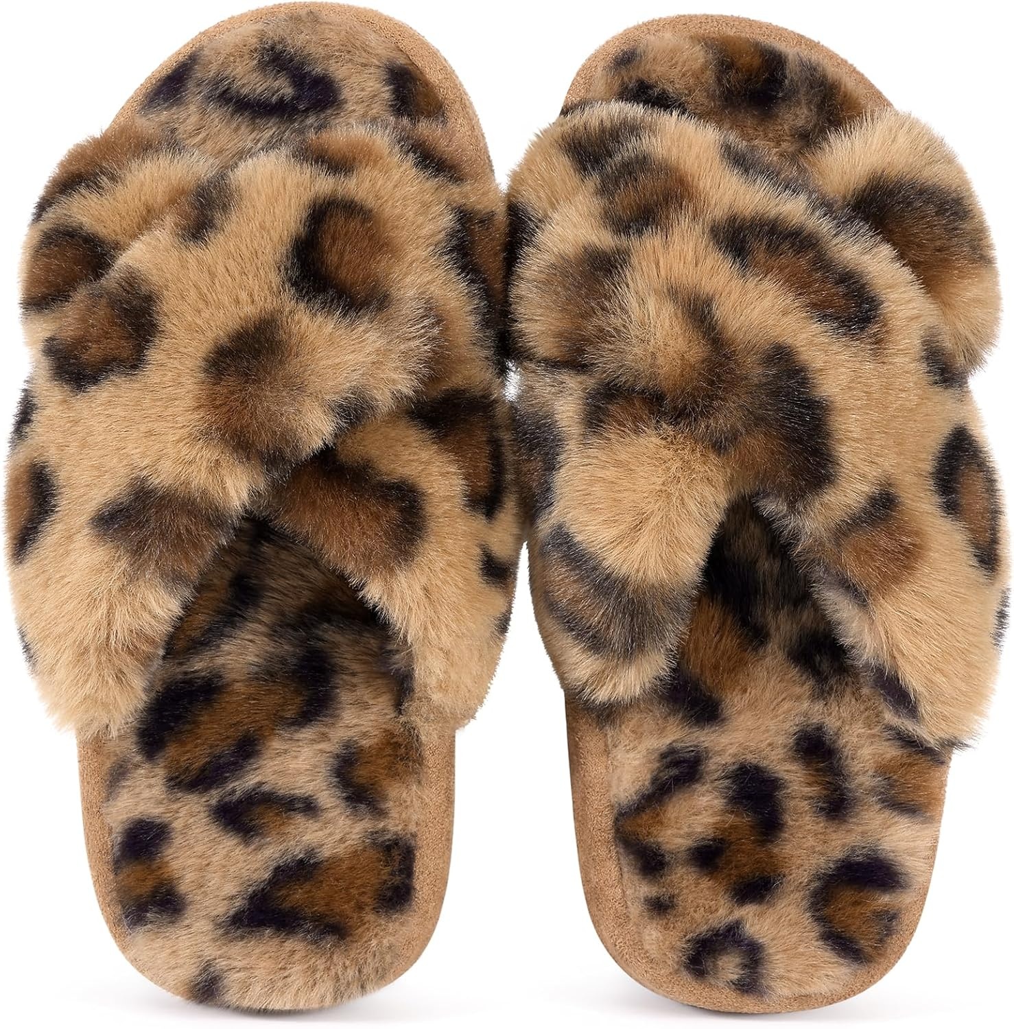 image:imageGirls Soft Plush Lightweight House Slippers Non Slip Cross Band Slip on Open Toe Cozy Indoor Outdoor SlippersLeopard Brown