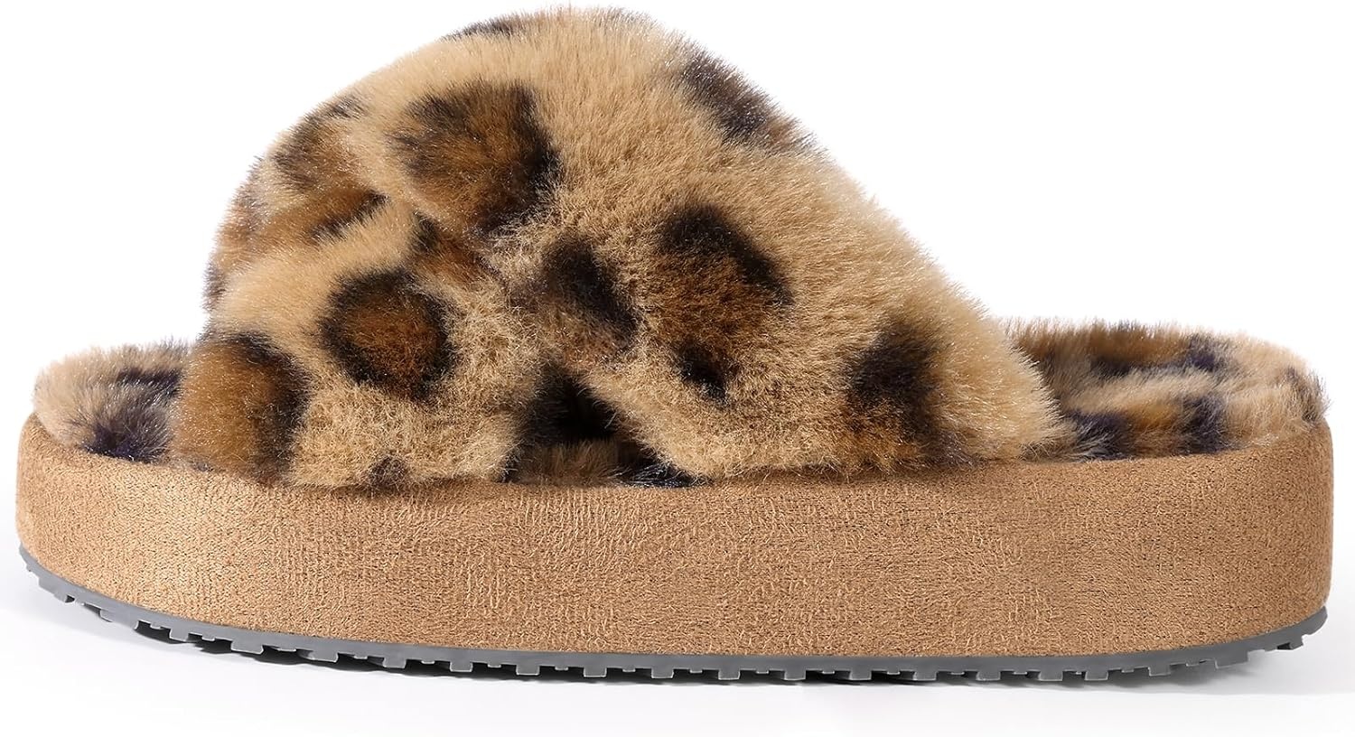 image:imageGirls Soft Plush Lightweight House Slippers Non Slip Cross Band Slip on Open Toe Cozy Indoor Outdoor SlippersLeopard Brown