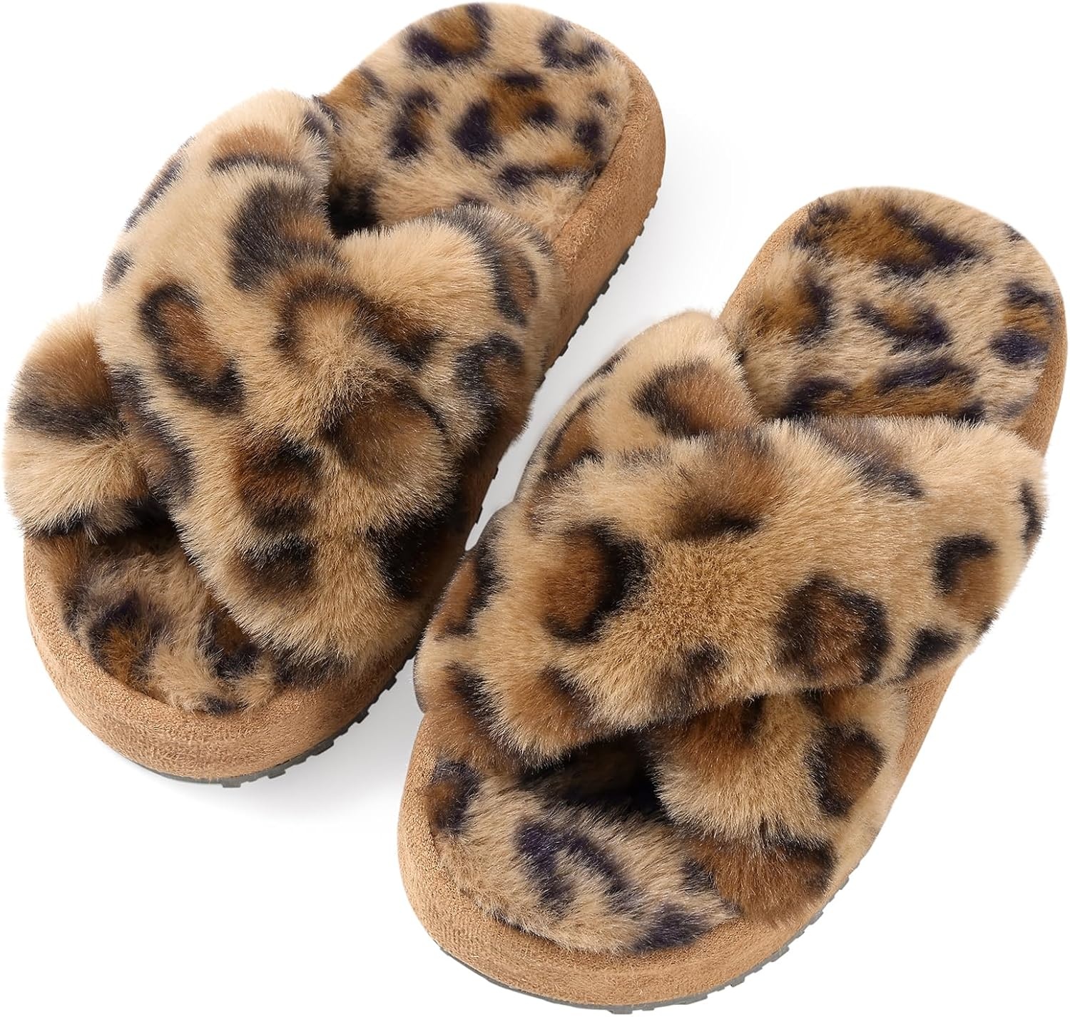 image:imageGirls Soft Plush Lightweight House Slippers Non Slip Cross Band Slip on Open Toe Cozy Indoor Outdoor SlippersLeopard Brown