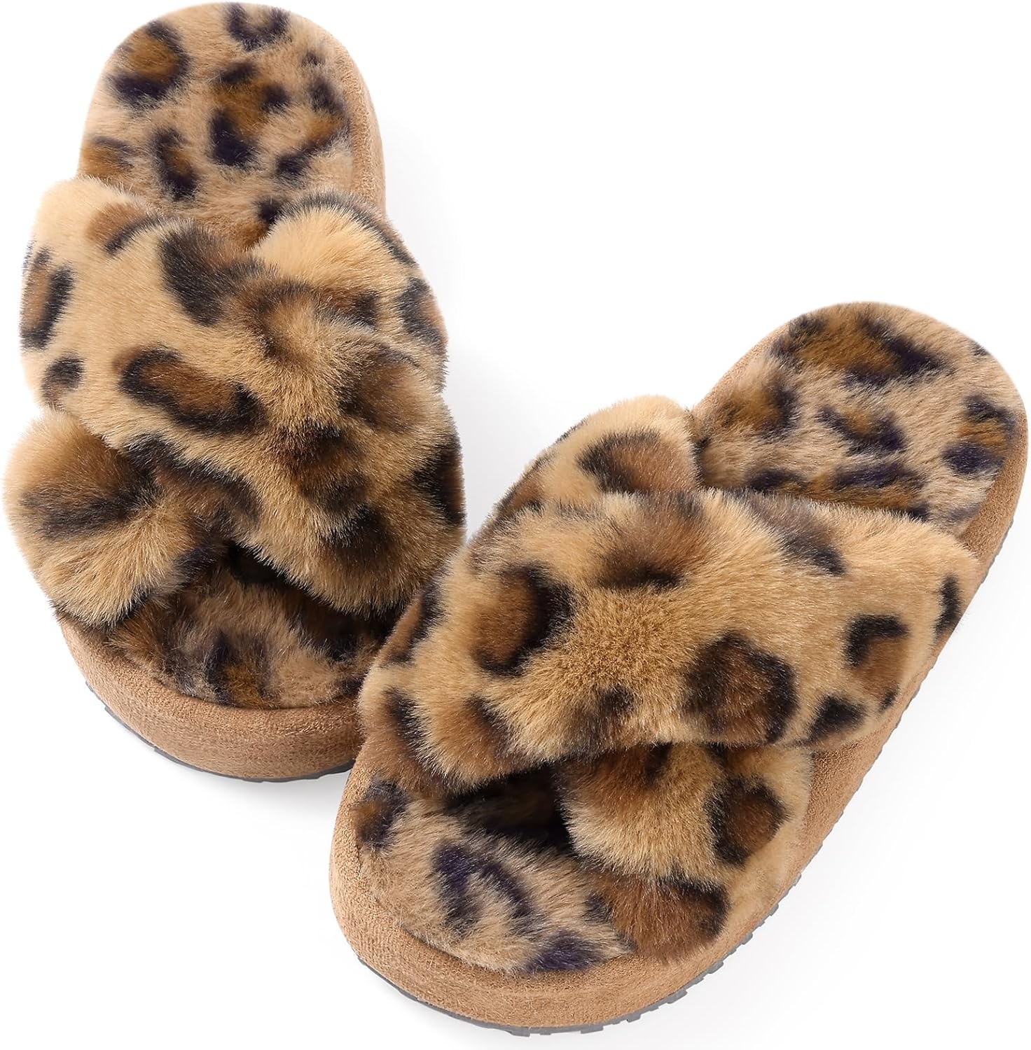 image:imageGirls Soft Plush Lightweight House Slippers Non Slip Cross Band Slip on Open Toe Cozy Indoor Outdoor SlippersLeopard Brown