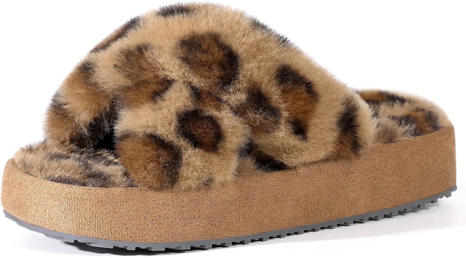 image:imageGirls Soft Plush Lightweight House Slippers Non Slip Cross Band Slip on Open Toe Cozy Indoor Outdoor SlippersLeopard Brown