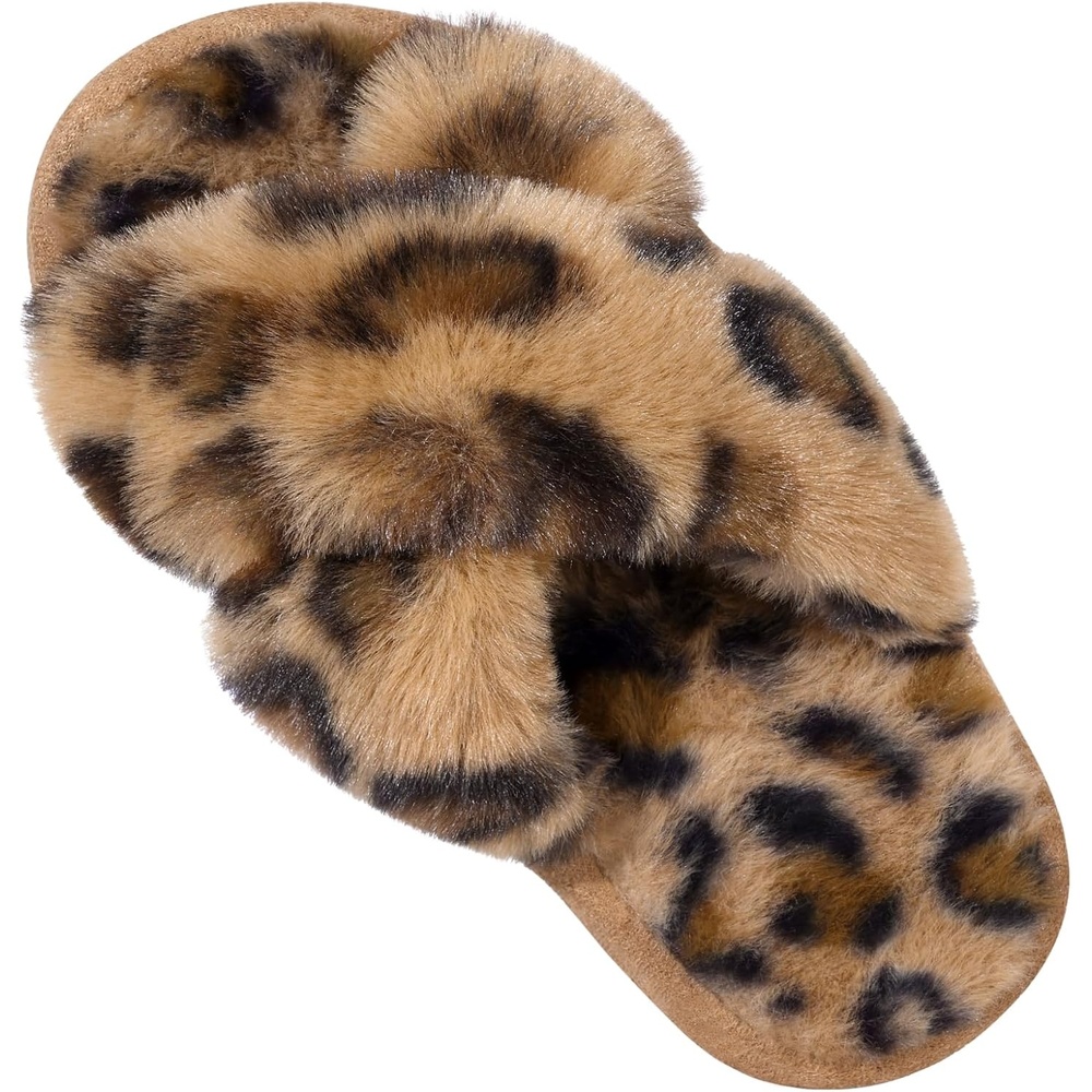 image:imageGirls Soft Plush Lightweight House Slippers Non Slip Cross Band Slip on Open Toe Cozy Indoor Outdoor SlippersLeopard Brown